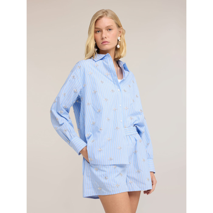 Motivi - Camisa oversize a rayas con bordados de perlas - Light - blue