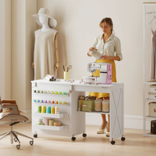 Table de couture pliable mobile 2 bacs 18 porte-bobines étagère blanc