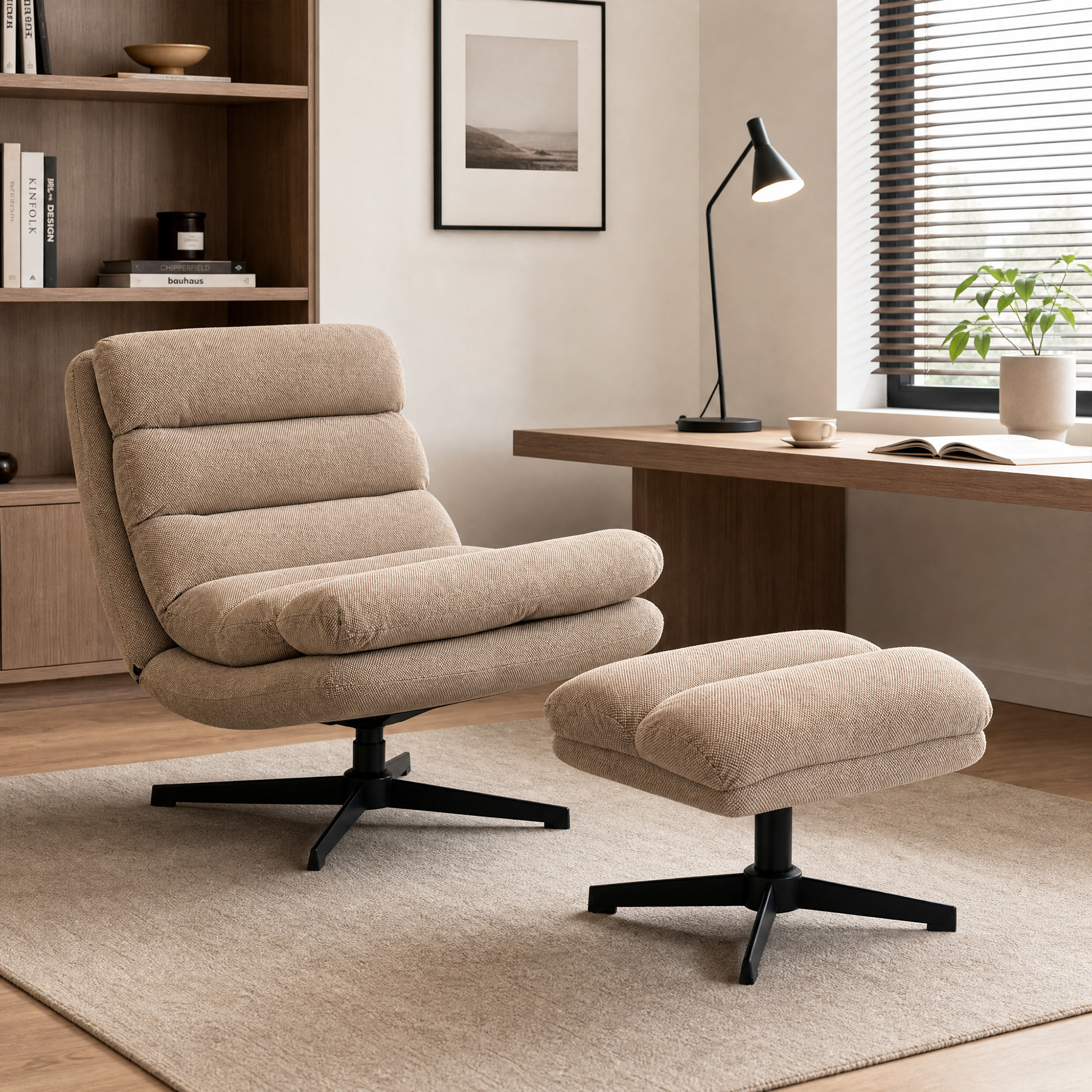 Fauteuil de salon et repose-pieds style rétro matelassé tissu toucher lin marron