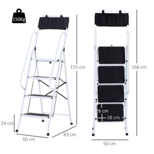 Escalera Plegable de 4 Peldaños Escalera de Tijera de Metal con Apoyabrazos y Portaherramientas Carga 150 kg 50x83x155 cm Blanco y Negro