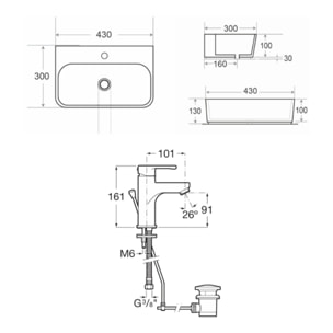 Brevis 43x30x13 cm lavabo suspendu en céramique, sans trop-plein, blanc + mitigeur lavabo Roca Arola (A5A326SATBRE4330R)