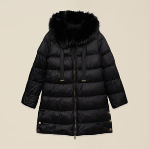 Oltre - Piumino midi con cappuccio e bordo peloso - Nero