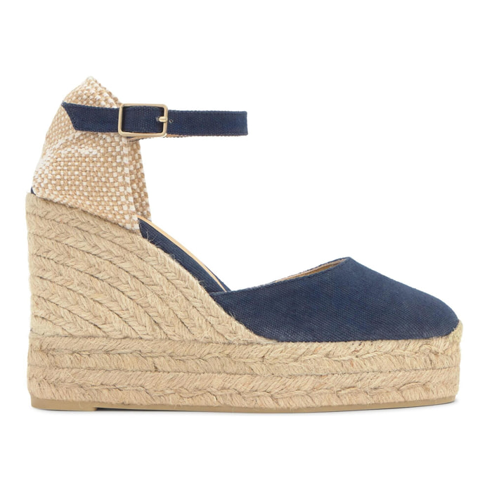 Alpargata de cuña 8 cm en lona de algodón con pala en v y cintas