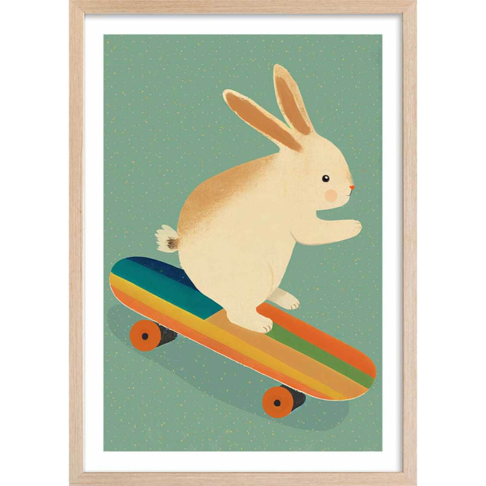 Affiche enfant lapin sur skateboard  Affiche sous cadre bois