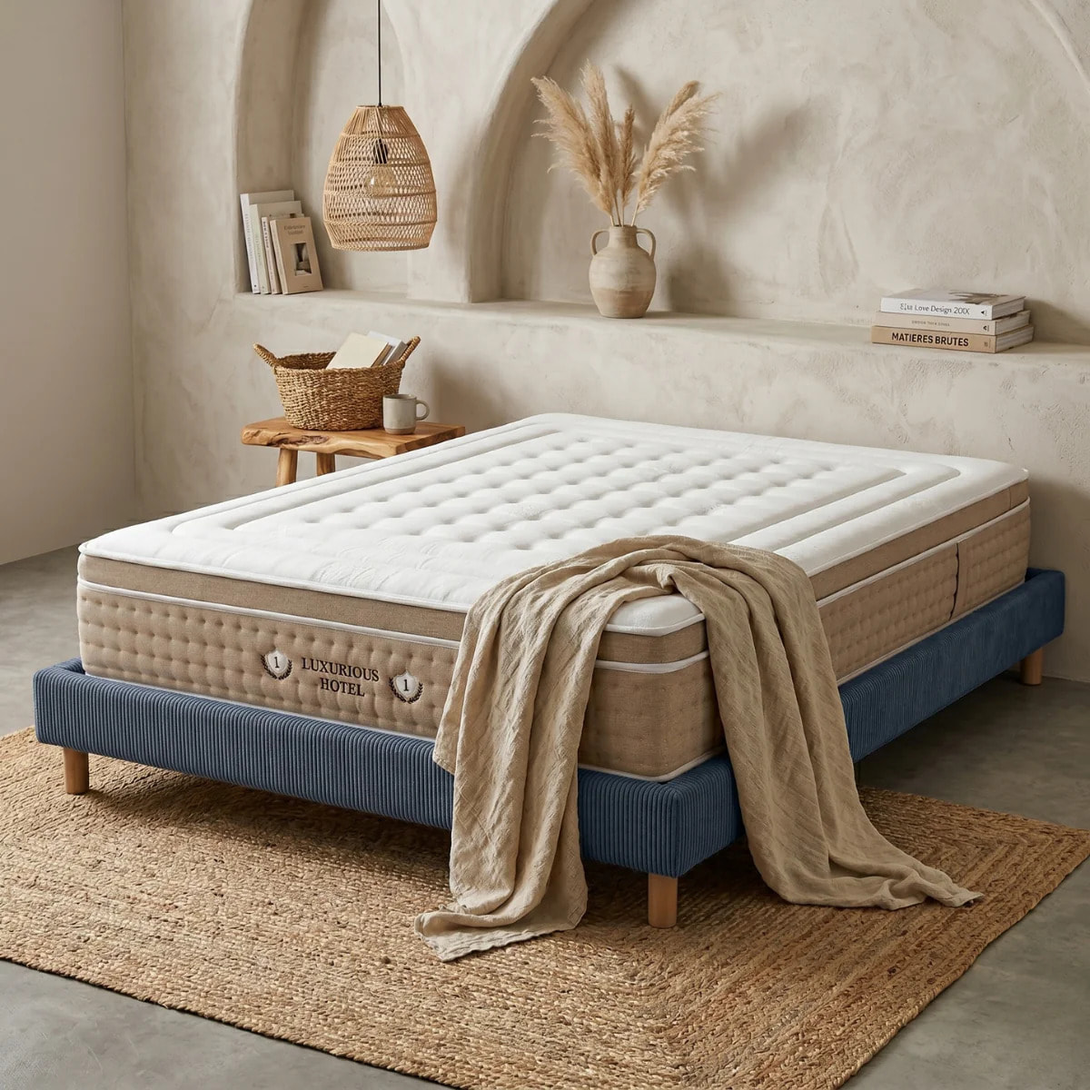 Ensemble matelas Bali & sommier Cancun | Mémoire de forme et ressorts ensachés | Cadre à lattes | Velours côtelé | Bleu nuit