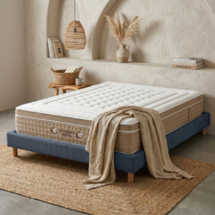 Ensemble matelas Bali & sommier Cancun | Mémoire de forme et ressorts ensachés | Cadre à lattes | Velours côtelé | Bleu nuit