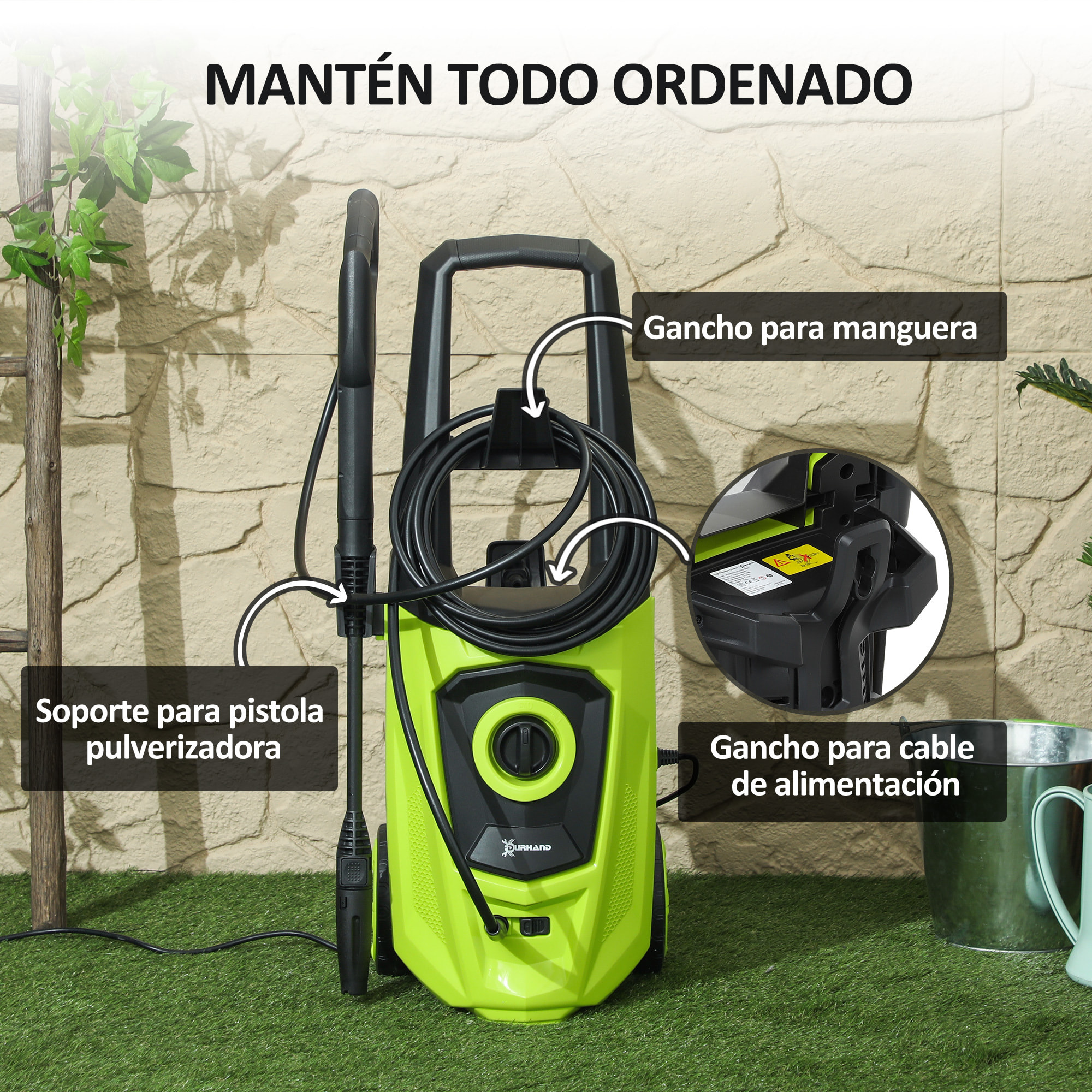 Hidrolimpiadora de Alta Presión 1800W Caudal 510 L/h con Bomba de Aluminio Parada Automática Presión de 150 Bar Manguera de 6 m Incluye Botella de Jabón Boquilla Cepillo Verde y Negro
