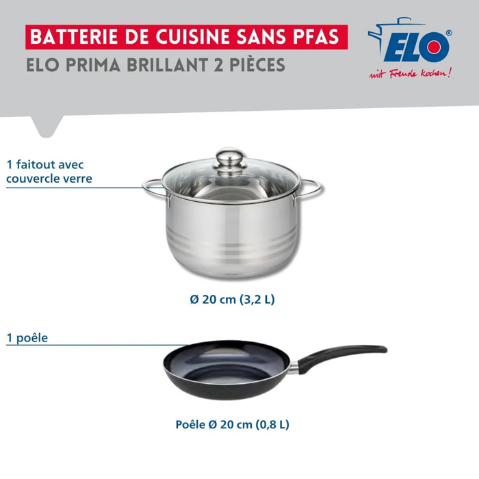 Ensemble de 1 Poêle de cuisson 20 cm et 1 faitout 20 cm Elo Prima Brillant