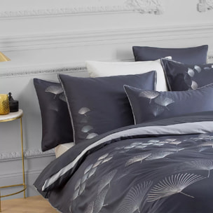 Housse de couette satin de coton brodé bleu Pistil bleu nuit