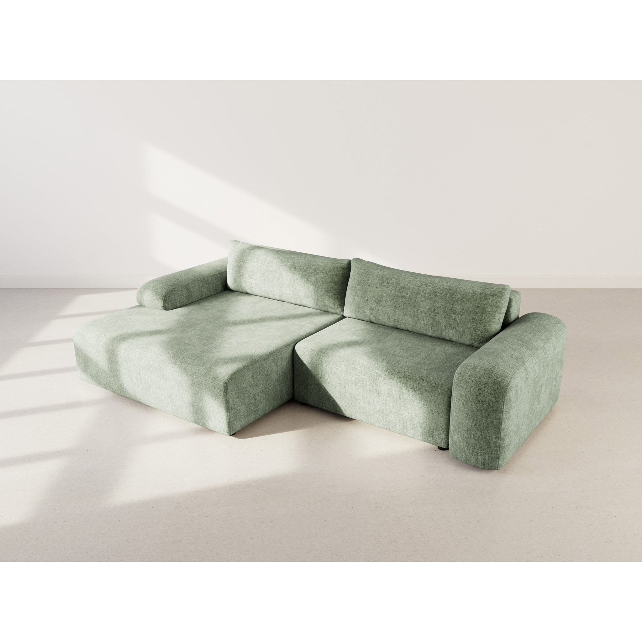 Rebecca - canapé d'angle gauche 4 places convertible avec coffre en velours texturé - Vert sauge