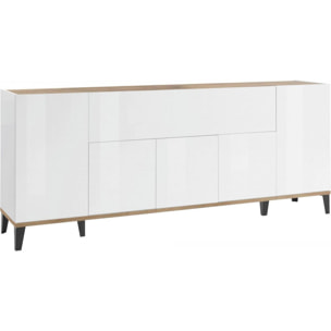 Credenza moderna a 6 ante, Made in Italy, Madia da cucina rialzata, Buffet di design da soggiorno, Cm 200x40h82, Bianco lucido e Acero