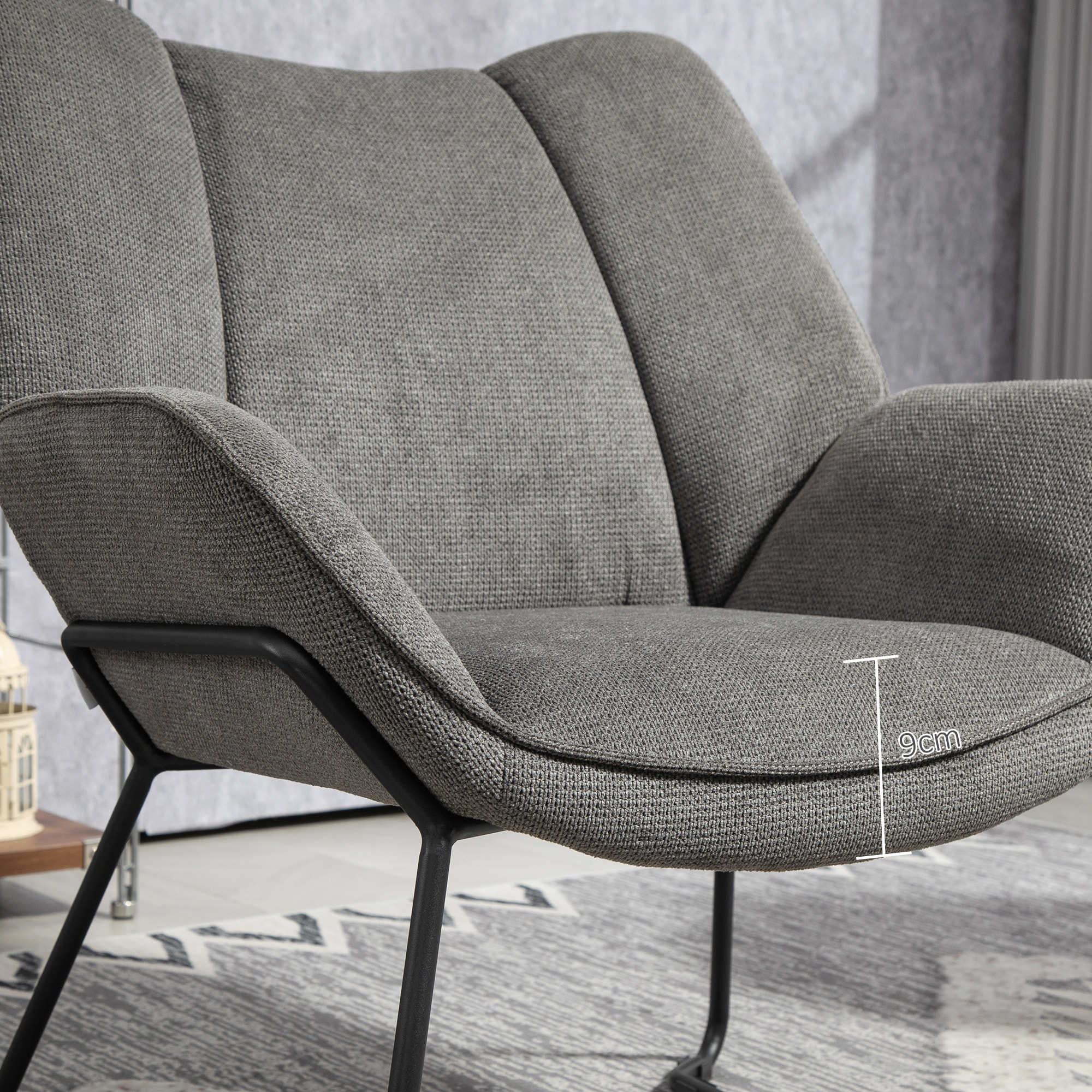 Fauteuil lounge design contemporain - dossier incliné, assise accoudoirs enveloppants - acier noir tissu gris