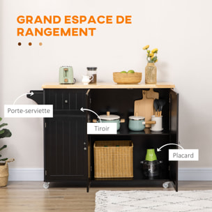 Desserte de cuisine multi rangement tiroir 3 portes avec étagère porte-torchons MDF noir hévéa