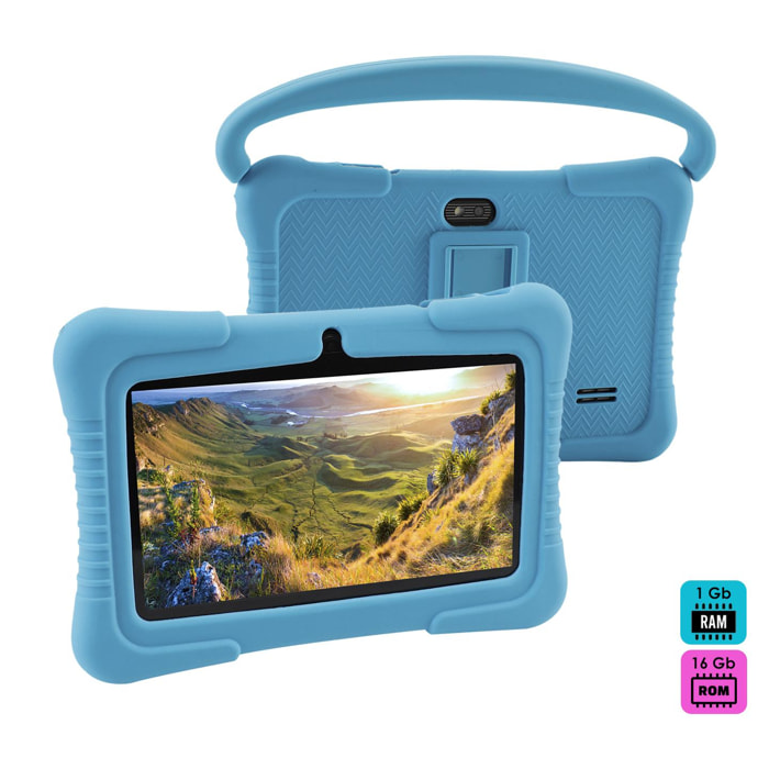 Tablet per bambini WiFi Q8. Sistema operativo Android 10 con IWAWA. Schermo 7'' 1024x600px. Allwinner A100, ARM Cortex™-A53 Quad-Core, 1,6 Ghz 1 GB di RAM + 16 GB. Doppia camera, involucro in silicone.