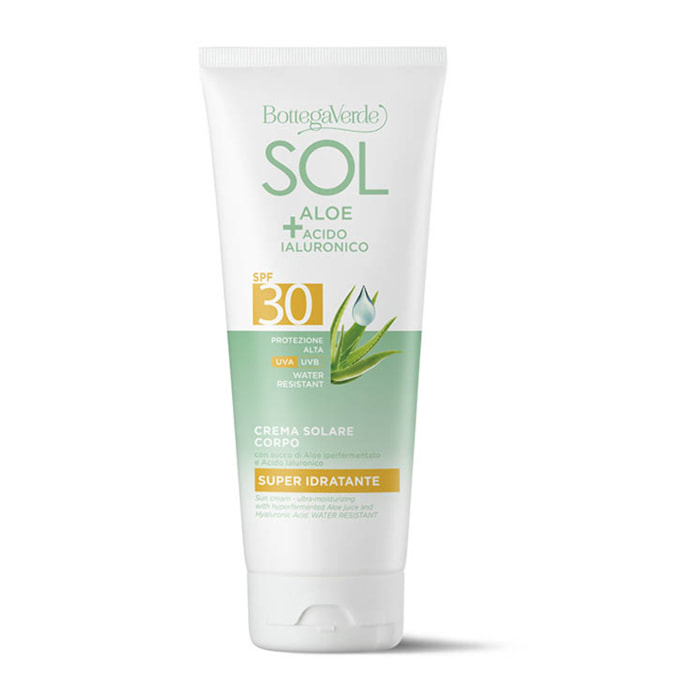 SOL Aloe Acido Ialuronico - Crema solare - super idratante - con succo di Aloe iperfermentato e Acido Ialuronico - protezione alta SPF30 - water resistant