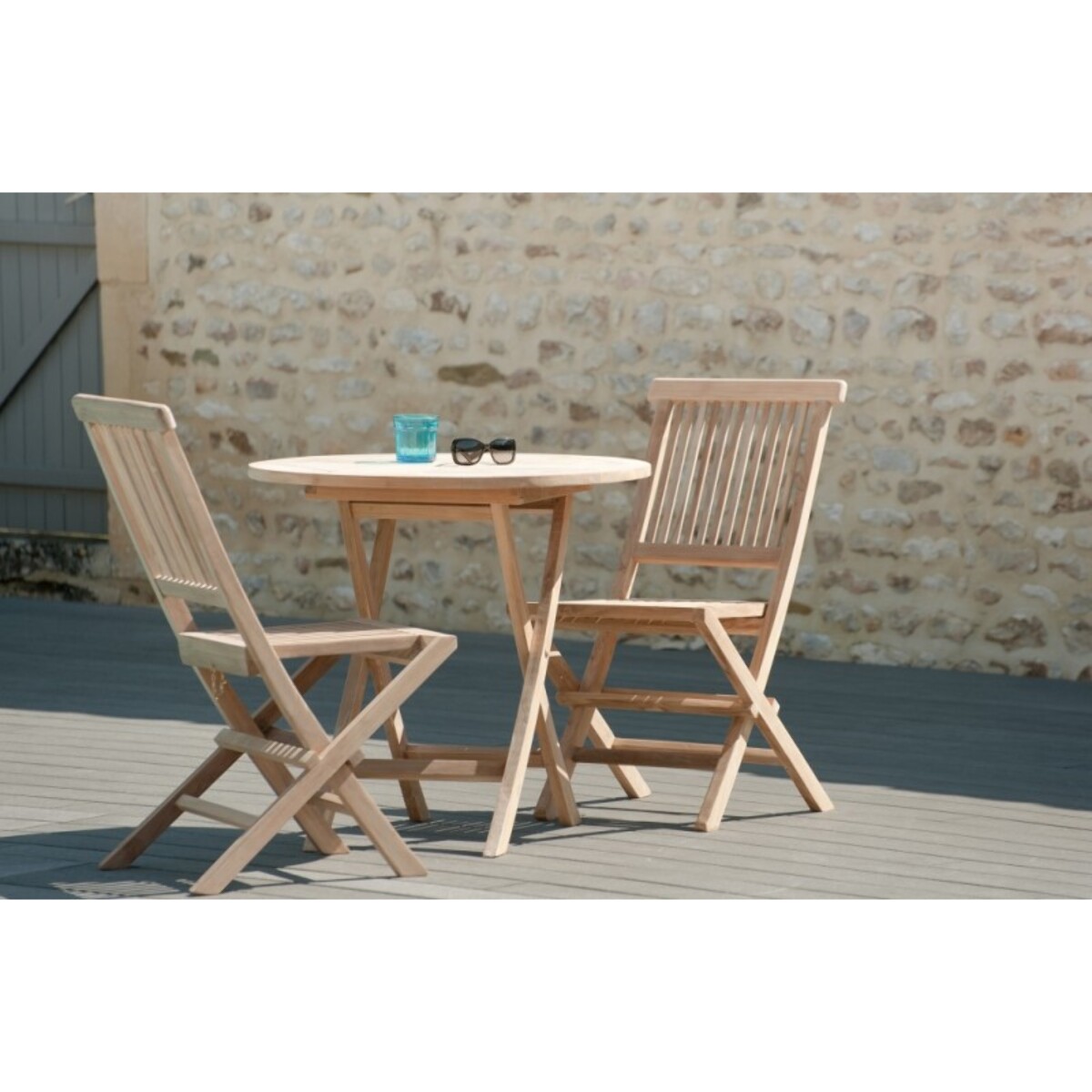 FUN - Table de jardin 2 personnes, ronde pliante 80 x 80 cm en bois Teck