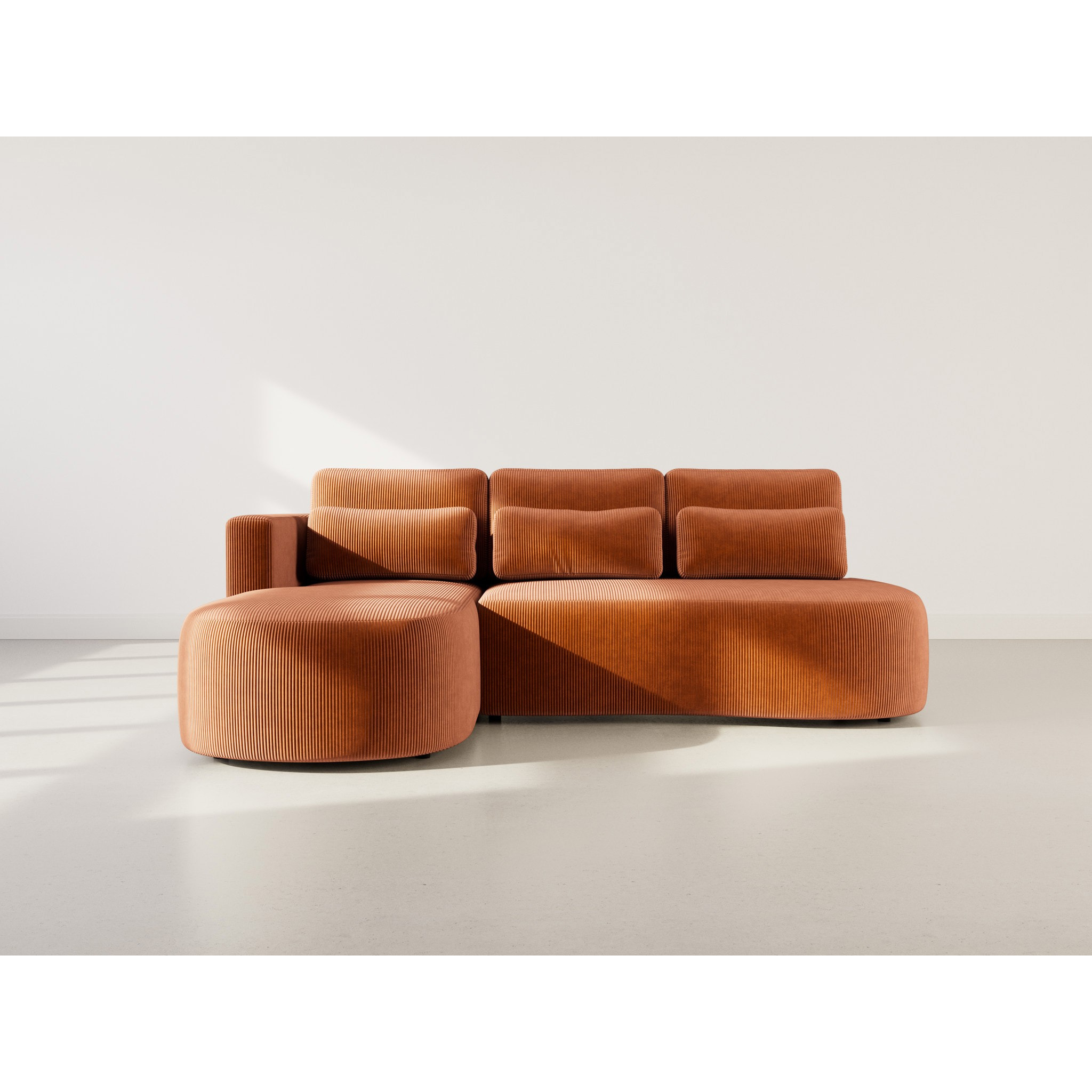 Mahina - canapé d'angle gauche 4 places convertible avec coffre en velours côtelé - Terracotta