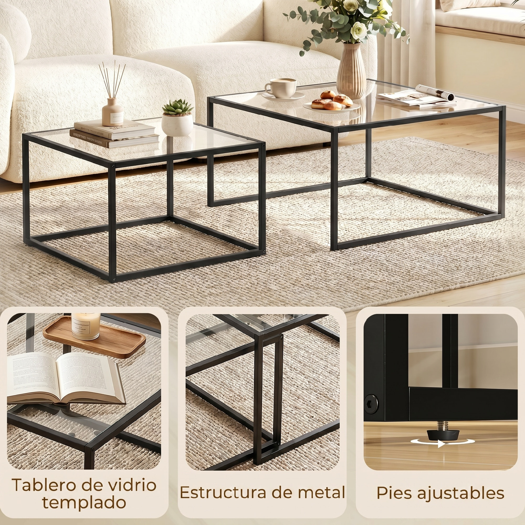 Set de 2 Mesas de Centro Cuadradas, Mesas Nido Modernas con Tablero de Vidrio Templado y Estructura Metálica, Ahorra Espacio, para Salón, Dormitorio u Oficina, 75x75x42 cm, Negro