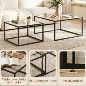 Set de 2 Mesas de Centro Cuadradas, Mesas Nido Modernas con Tablero de Vidrio Templado y Estructura Metálica, Ahorra Espacio, para Salón, Dormitorio u Oficina, 75x75x42 cm, Negro