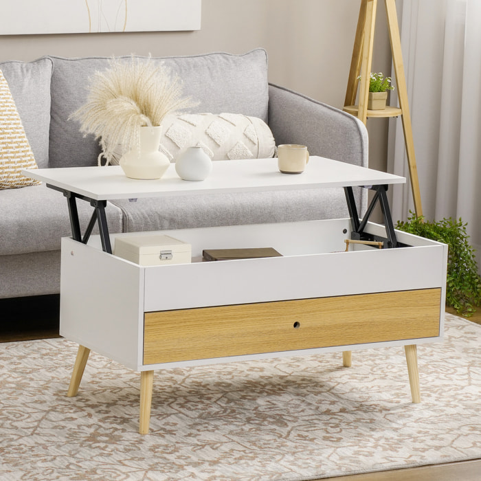 Table basse relevable - tiroir, coffre de rangement - dim. 100L x 50l x 49H cm - blanc aspect bois clair