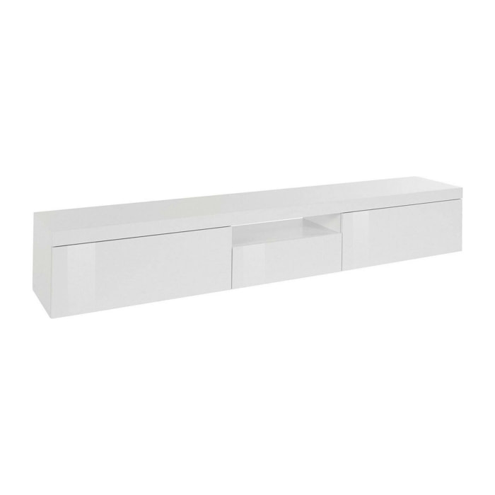 Mobile porta TV Annett, Credenza bassa da soggiorno a 3 ante, Base porta TV, 220x40h35 cm, Bianco lucido