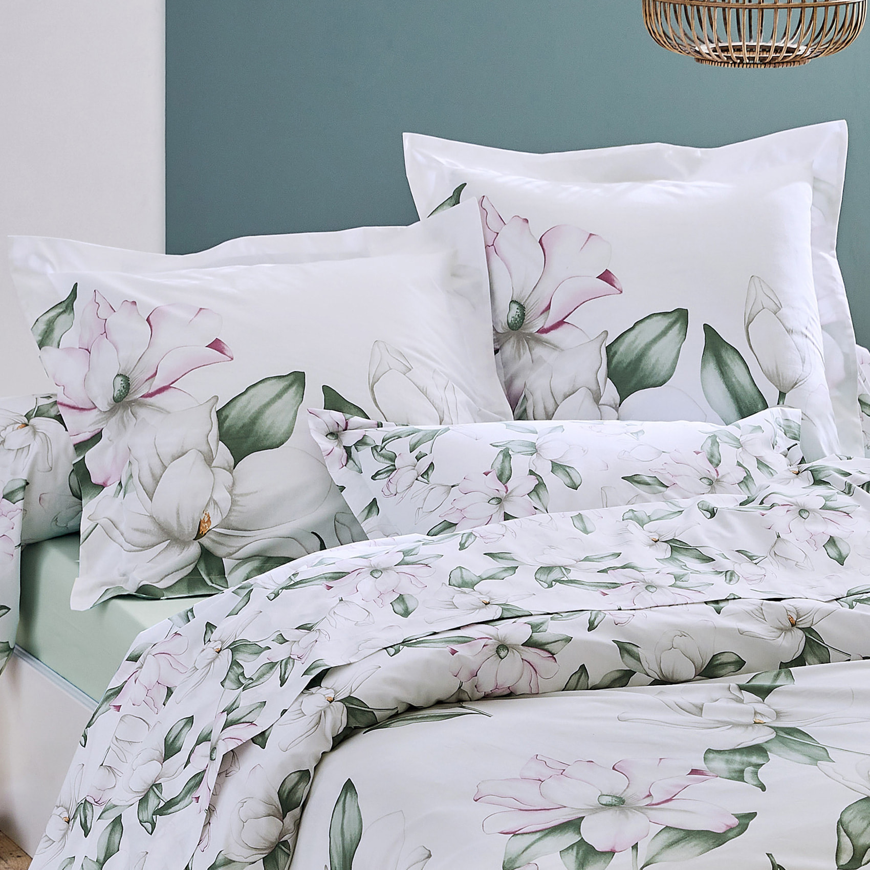 Ensemble drap plat et 2 taies Magnolia Sauge - Blanc