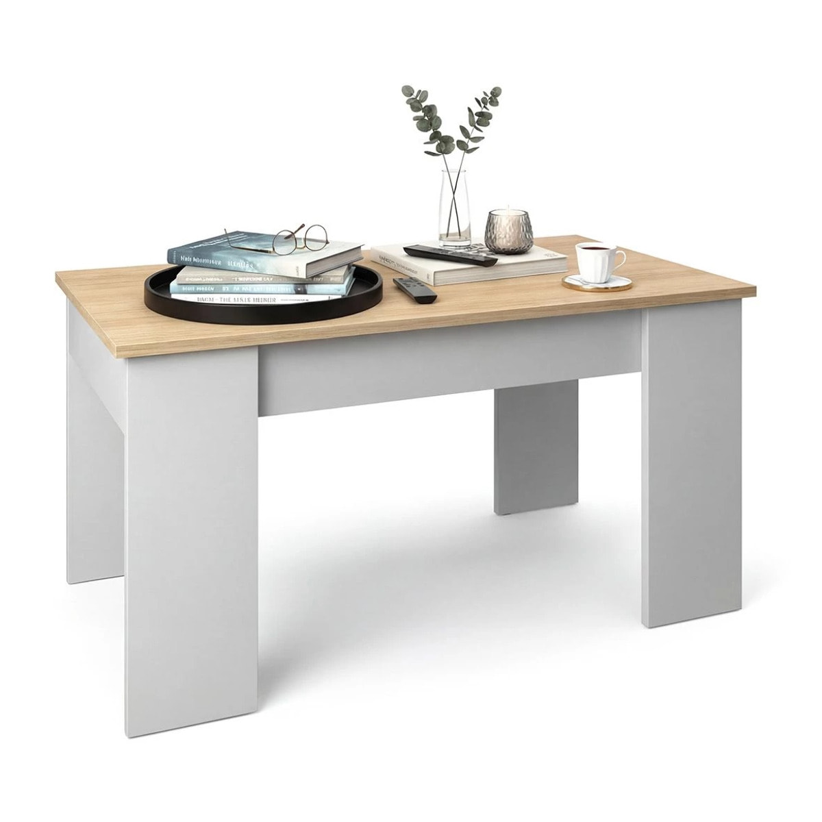 Mesa de centro elevable con almacenaje en blanco artik y roble canadian 90x43-53 cm Norak Blanco Artik (Blanco Mate) - Roble Canadian