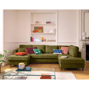Anna - canapé panoramique d'angle droit 7 places convertible avec coffre en velours texturé - Vert Olive