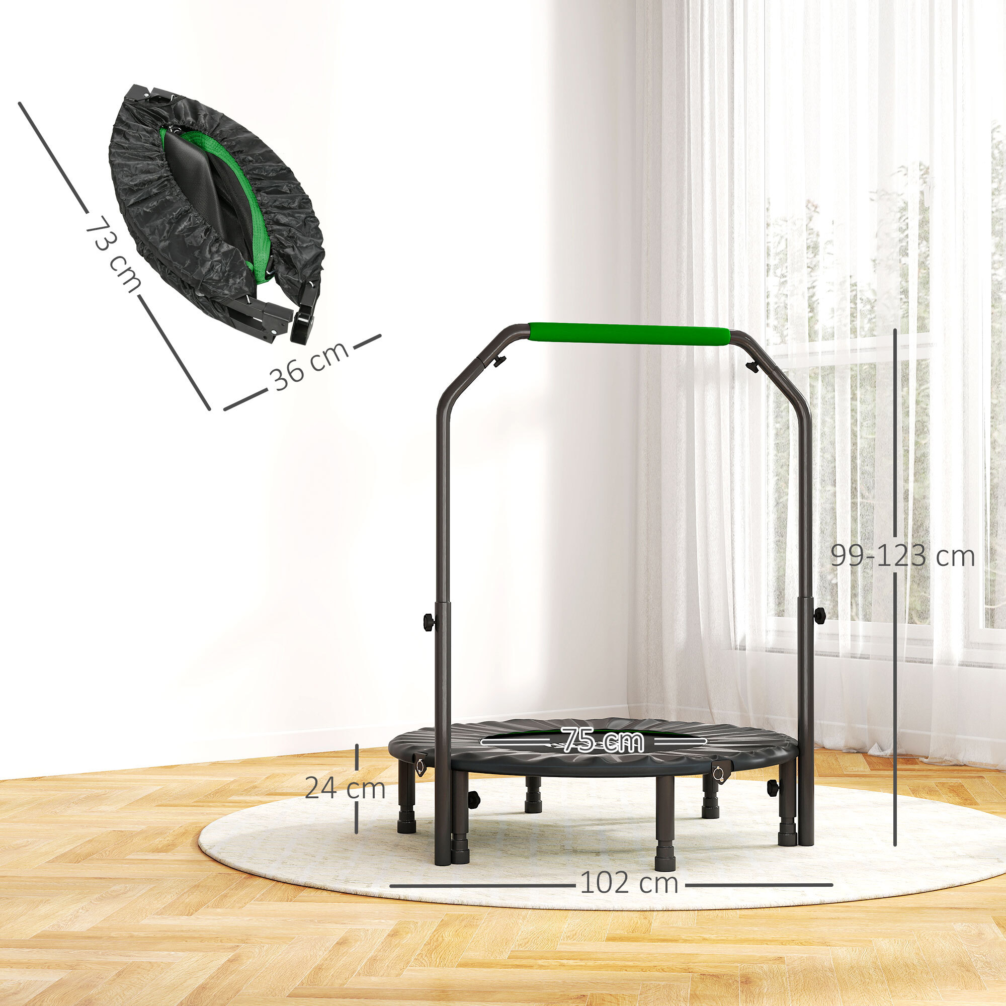 Trampolín de Fitness Adultos Ø102 cm, Cama Elástica Plegable con Mango Ajustable de 4 Niveles, Marco de Acero, para Entrenamiento Piernas, Cuerpo en Hogar, Oficina, Gimnasio, Negro y Verde