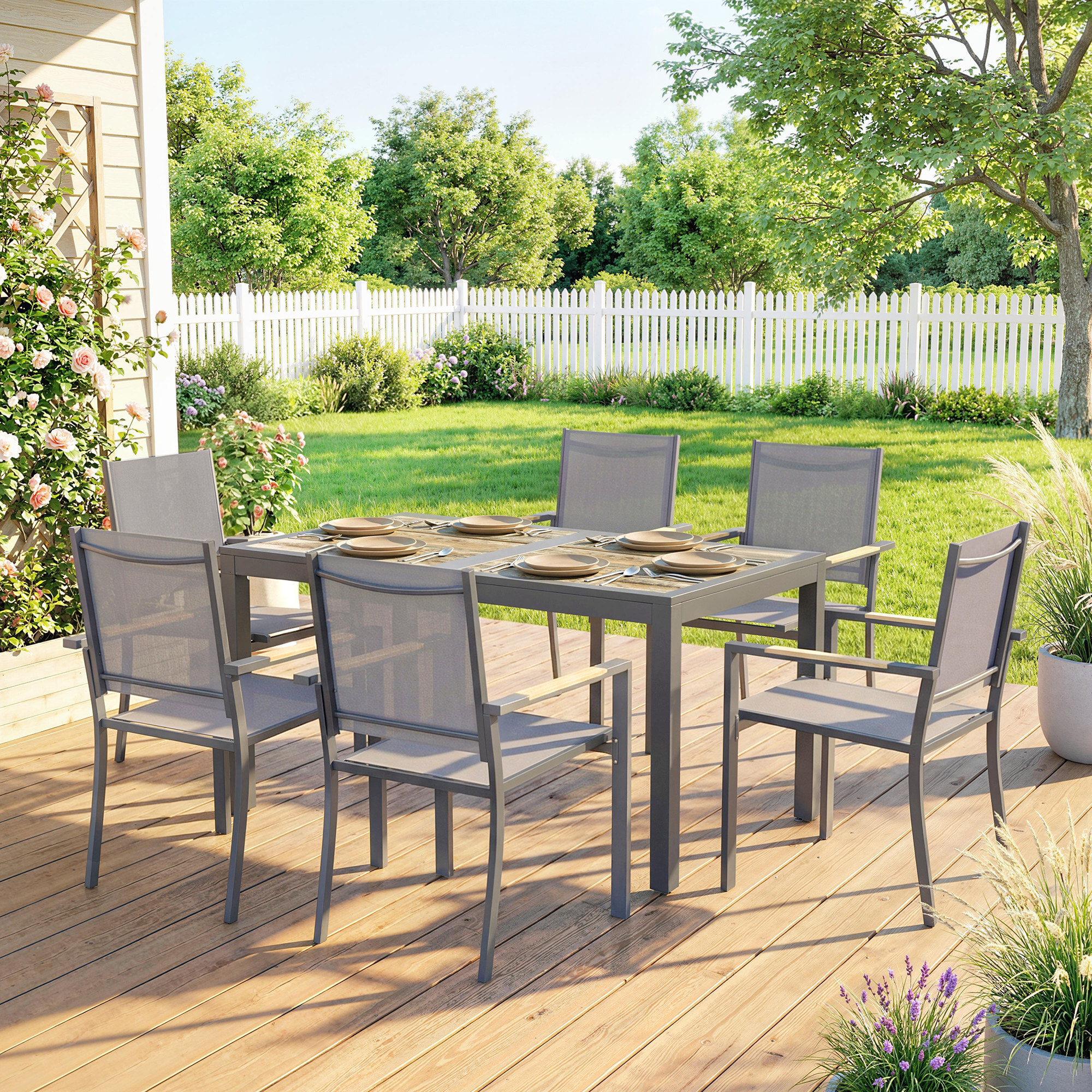 Conjunto de Mesa y Sillas Jardín de 7 Piezas, Muebles Jardín Exterior con Mesa de Plástico PSPC, 6 Sillas Apilables Transpirables, Marco de Acero Resistente a la Intemperie, Gris Oscuro