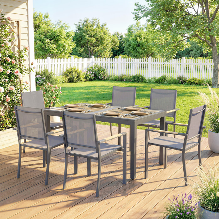 Conjunto de Mesa y Sillas Jardín de 7 Piezas, Muebles Jardín Exterior con Mesa de Plástico PSPC, 6 Sillas Apilables Transpirables, Marco de Acero Resistente a la Intemperie, Gris Oscuro