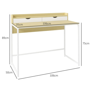 Bureau secrétaire style contemporain - 2 tiroirs, étagère - acier blanc aspect bois clair