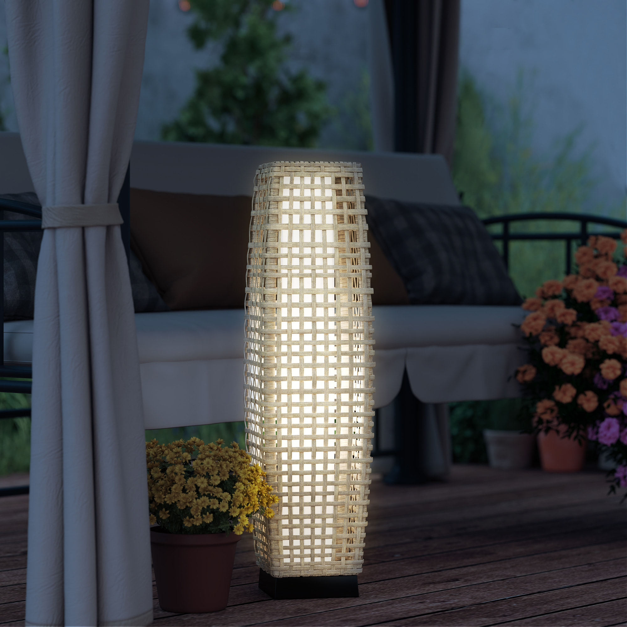 Linterna de Jardín de Ratán Sintético Luces Solares Exterior con Luces LED Encendido/Apagado Automático para Terraza Balcón Patio 21x21x78 cm Natural
