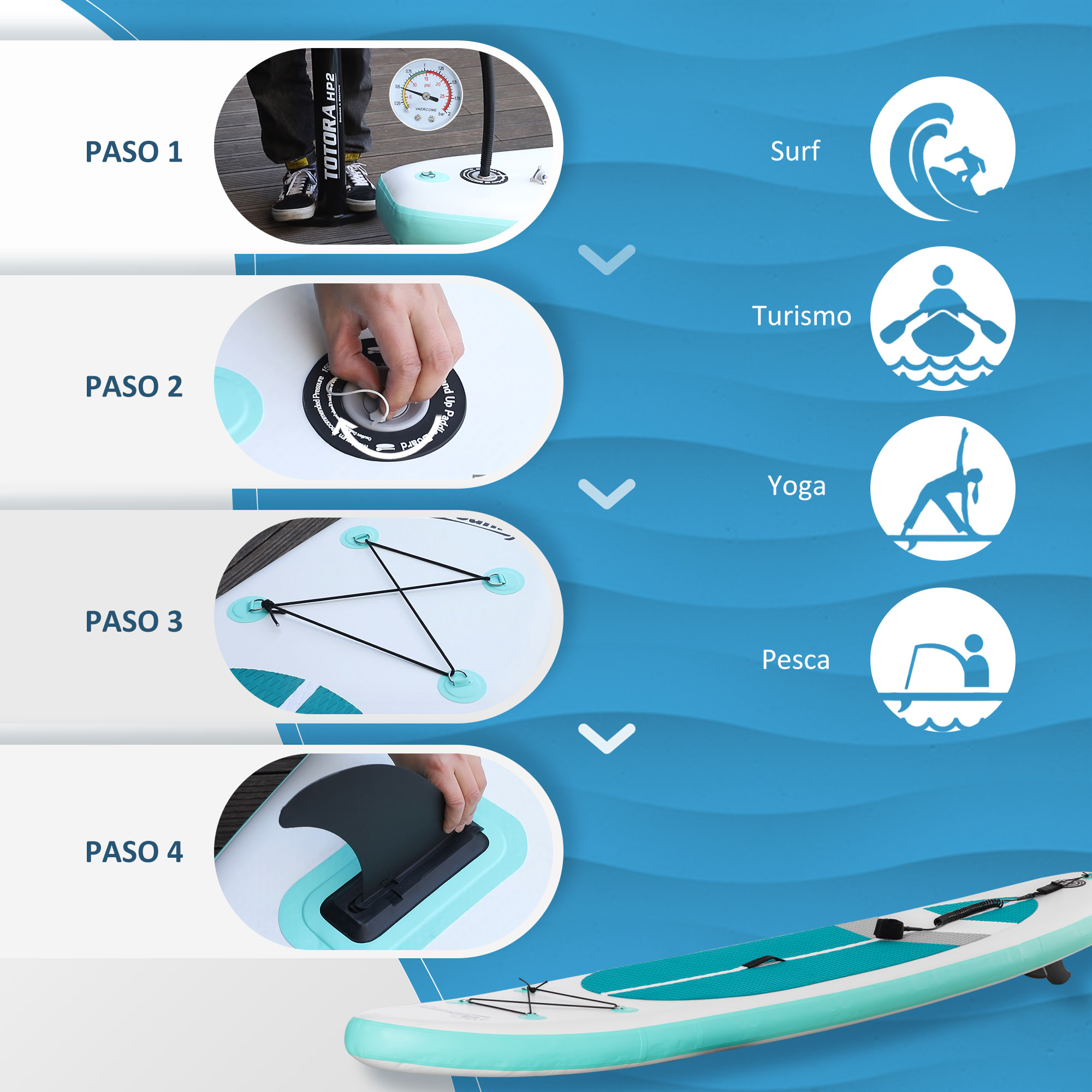 Tabla de Paddle Surf Hinchable 320x76x15 cm Plegable con Remo de Aluminio Ajustable Desmontable Bolsa de Transporte y Accesorios Completos Blanco y Turquesa