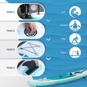 Tabla de Paddle Surf Hinchable 320x76x15 cm Plegable con Remo de Aluminio Ajustable Desmontable Bolsa de Transporte y Accesorios Completos Blanco y Turquesa