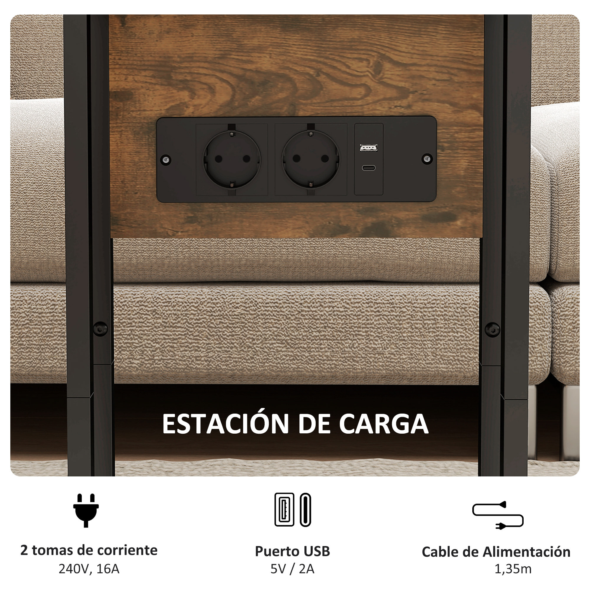 Mesa Auxiliar con Estación de Carga Mesa Auxiliar para Sofá con Encimera Plegable y Pies Ajustables Mesita Auxiliar para Salón Dormitorio Marrón Rústico