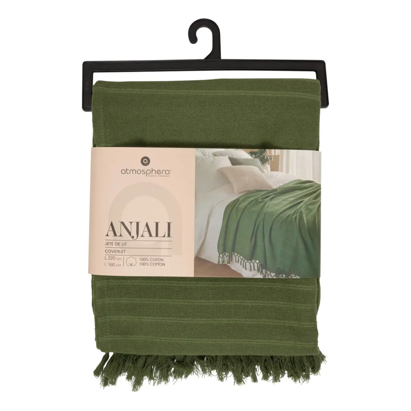 Jeté de lit Anjali 220x160 vert kaki en coton