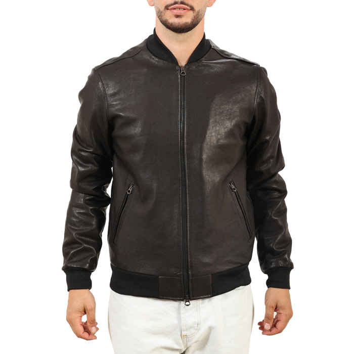 Giubbino in vera pelle di vitello rifinizione vegetale Nero -Slim Fit