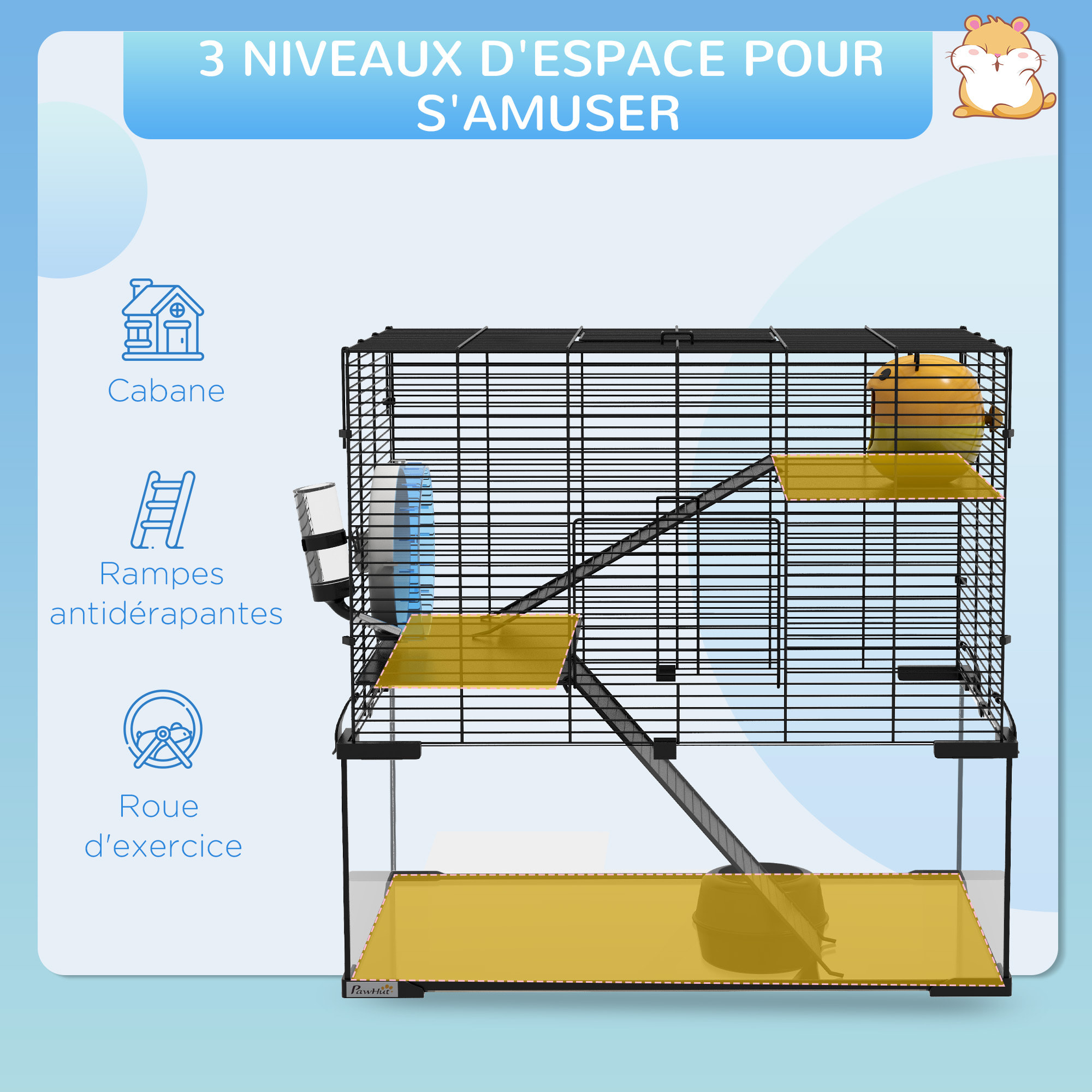 Cage rongeur hamster, 3 niveaux avec roue, rampes, maisonnette, abreuvoir, mangeoire, 60L x 40l x 57H cm, noir