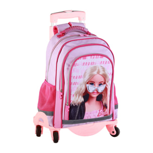 Zaino primario Barbie fashion doppio scomparto + trolley con protezione laterale e stoper frontale, 4 ruote multidirezionali.