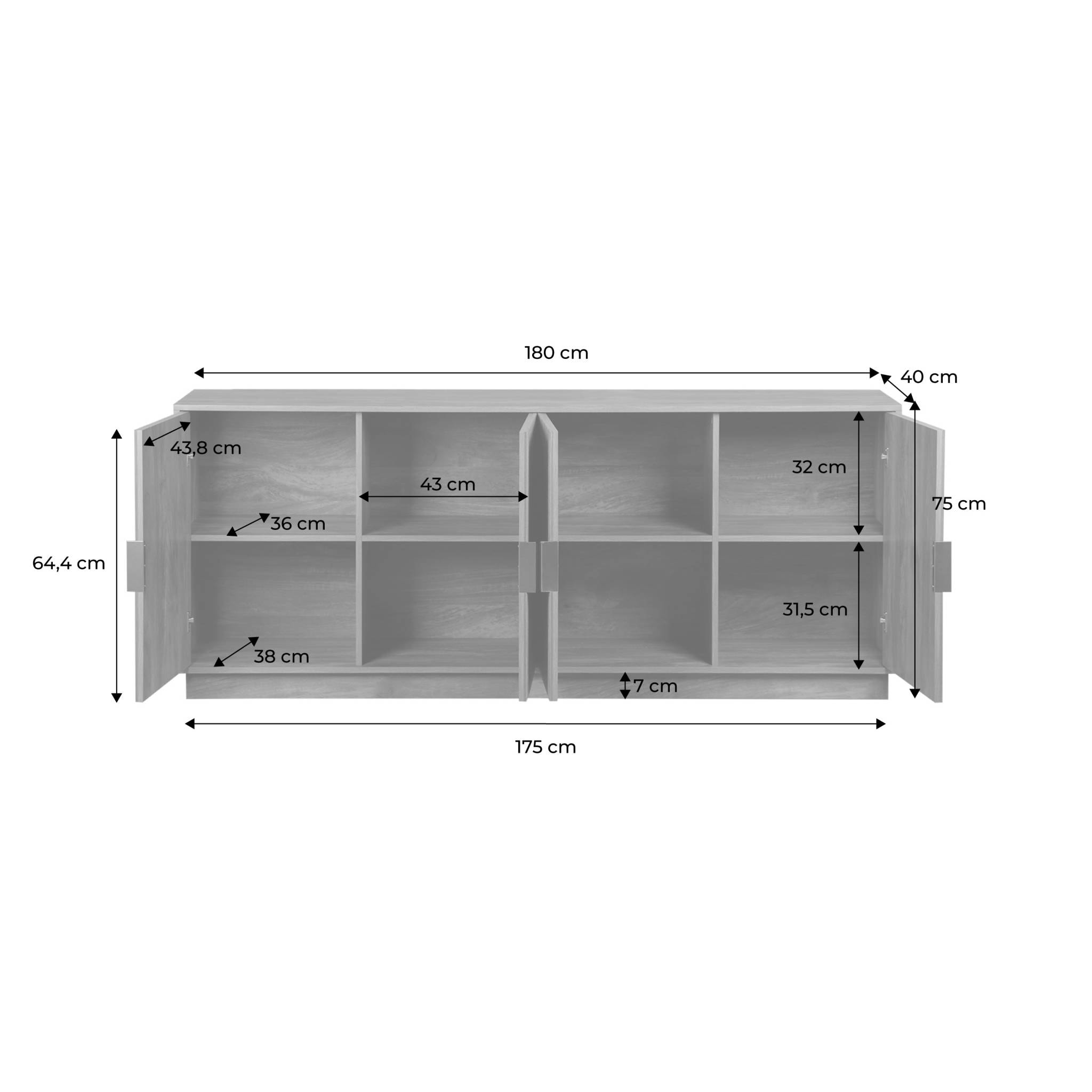 Buffet exotique 4 portes. effet bois de manguier rainuré. buffet bas. poignées en métal doré. L 180 x P 40 x H 75cm
