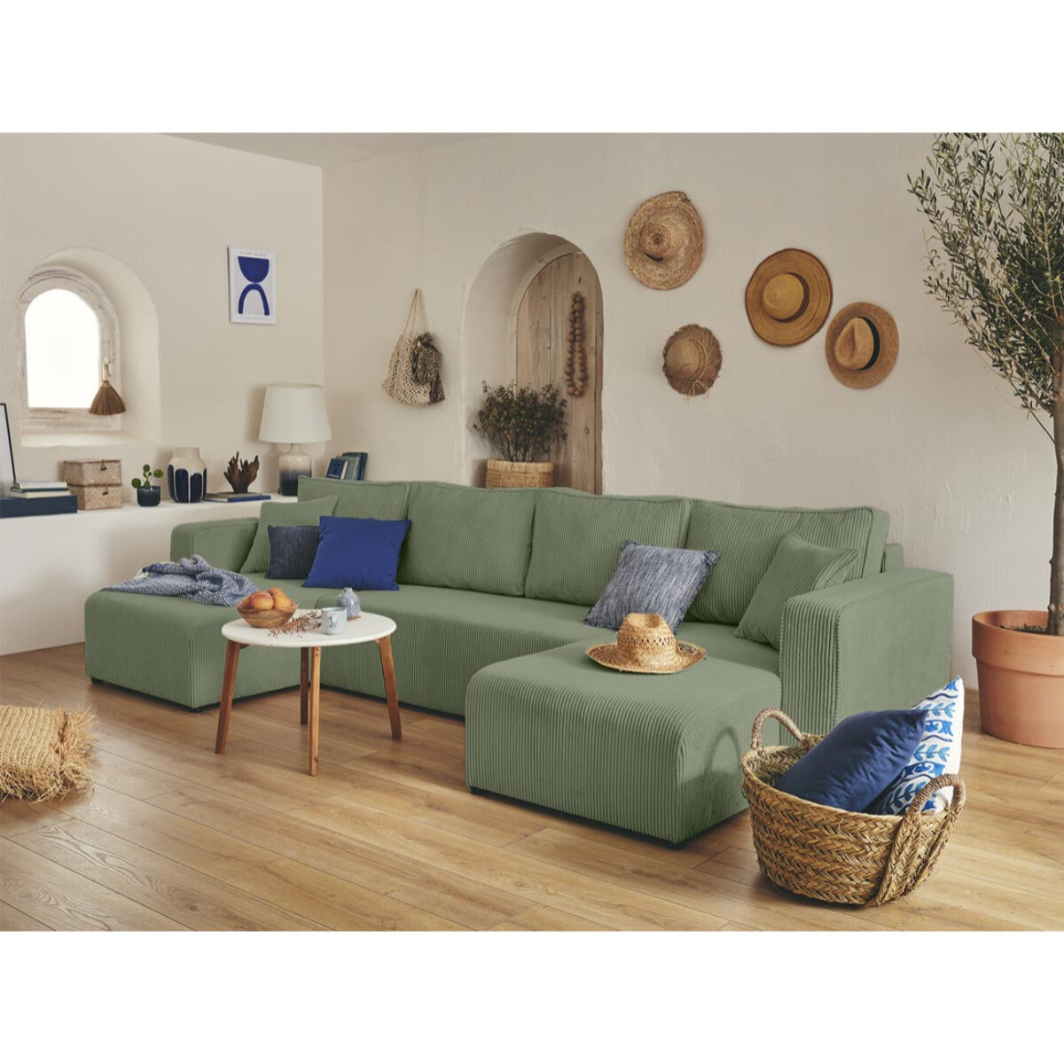 Topaze - canapé panoramique en U - 7 places - convertible avec coffre - en velours côtelé - Vert sauge
