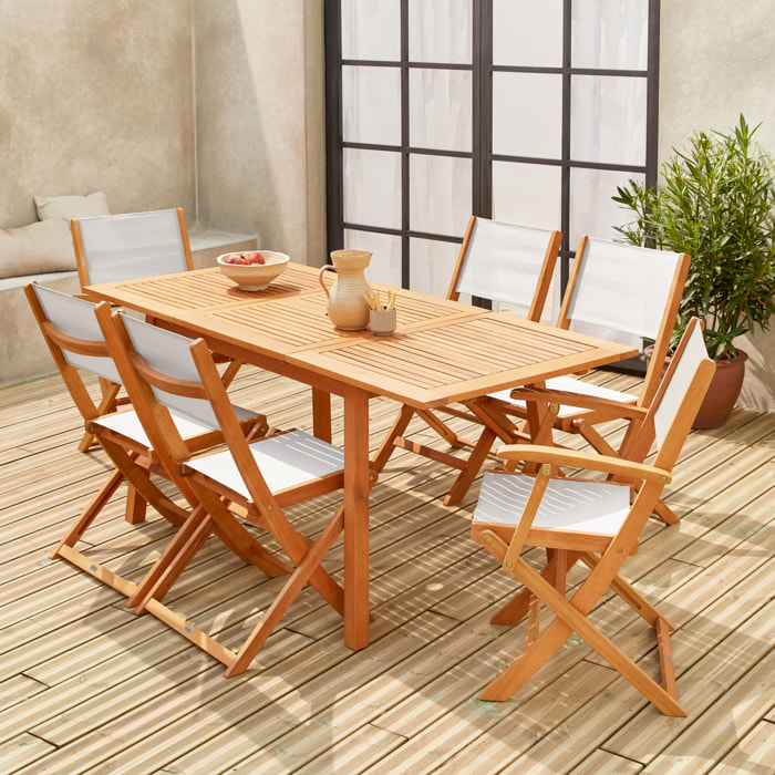 Table de jardin extensible bois d'eucalyptus + 6 assises - Almeria - Table 120/180cm avec rallonge. 2 fauteuils et 4 chaises. en bois d'Eucalyptus huilé et textilène blanc