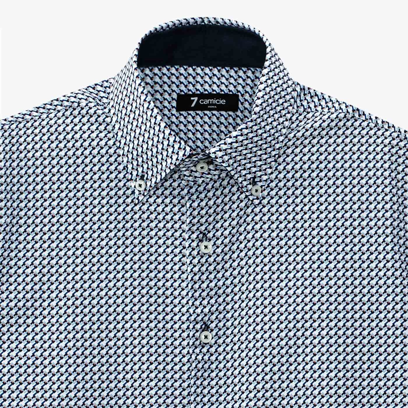 Camicia Uomo 2 Bottoni Button Down Slim Popeline Stampato Bianco/Bluette