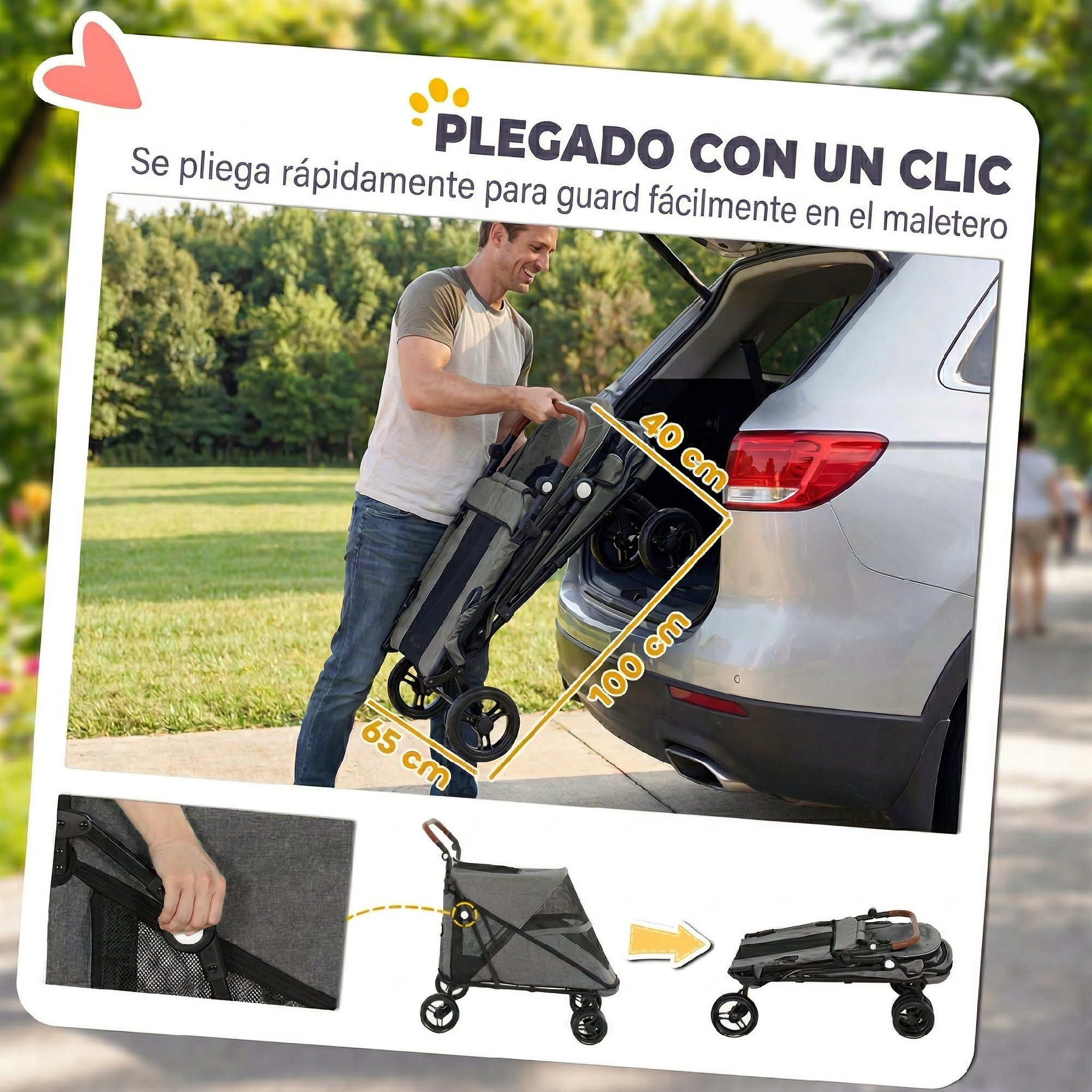 Carrito para Perros y Gatos Grande Plegable con un Botón hasta 30 kg, Cochecito para Perros Medianos y Grandes, Suspensión 4 Ruedas, Giratorio, Freno de Pie, Cojín Lavable, Gris