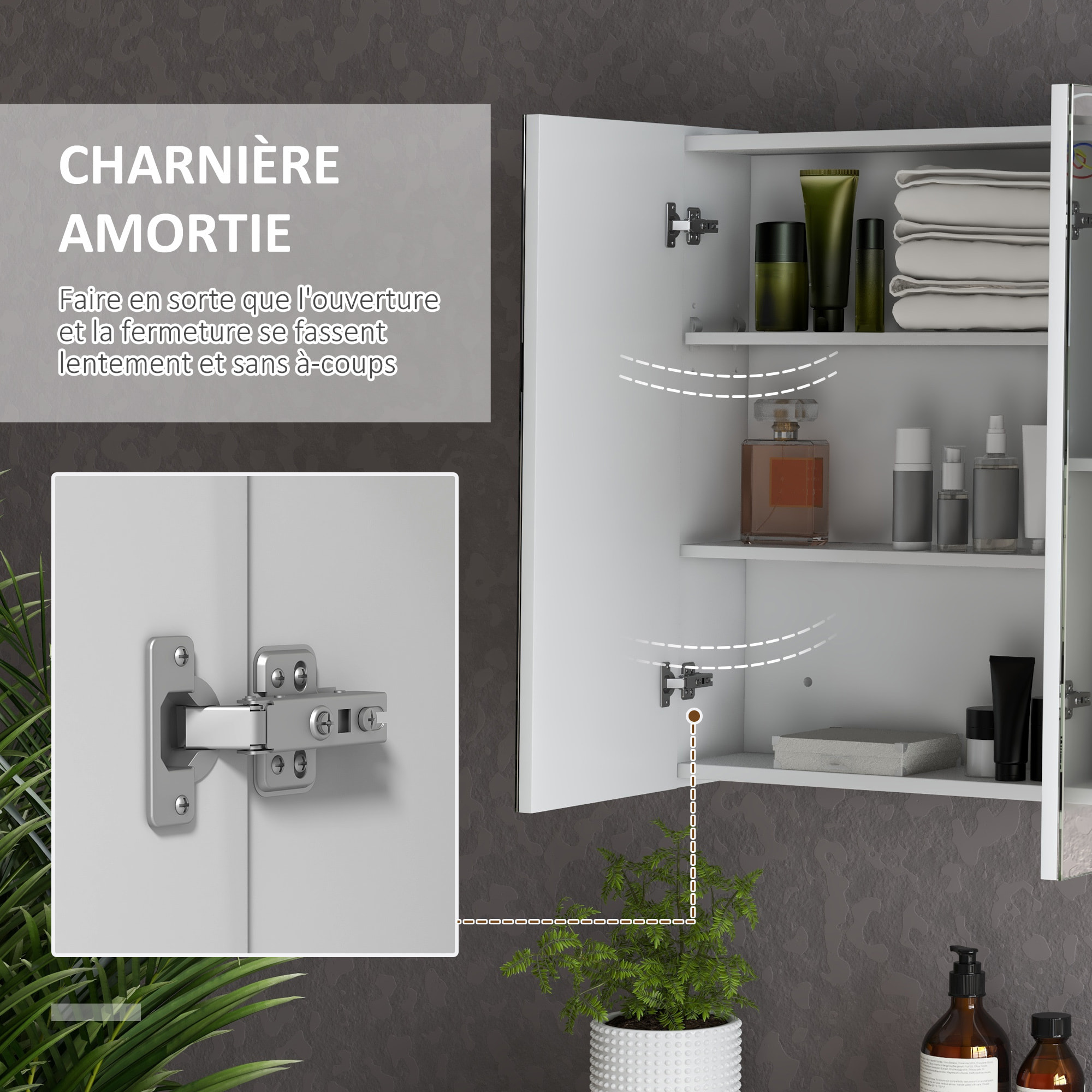 Armoire miroir LED de salle de bain - 3 portes, 3 étagères - tactile, lumière réglable - MDF blanc laqué verre