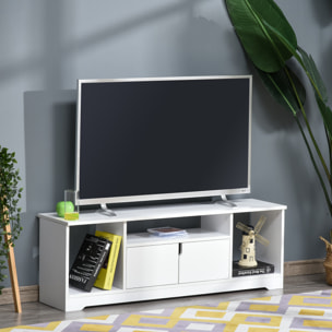 Meuble TV banc TV design contemporain - 3 niches, placard double porte - dim. 120L x 30l x 41H cm - panneaux particules blanc