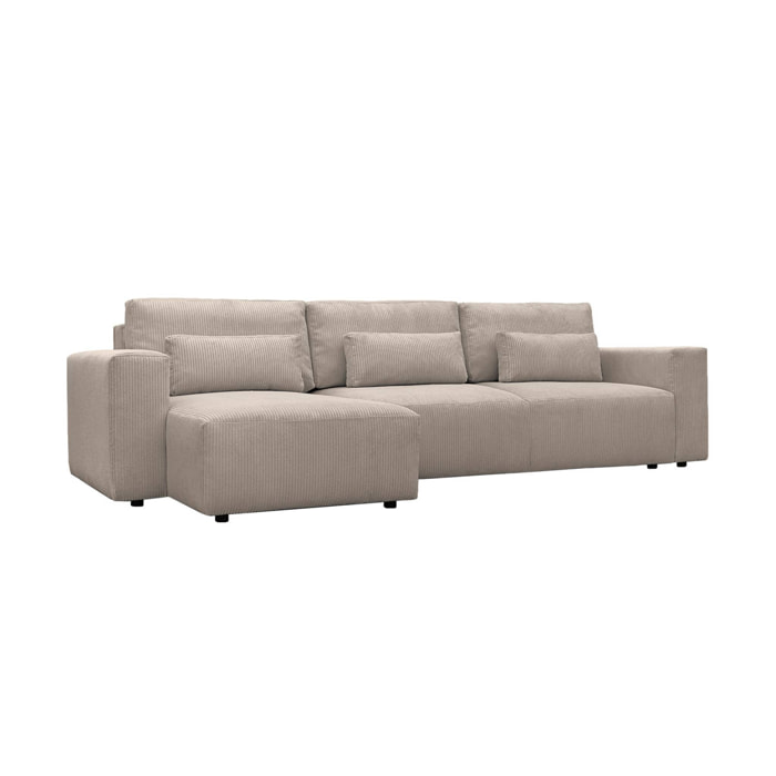 Canapé d'angle convertible réversible 5 places velours côtelé taupe avec coffre de rangement - Theo