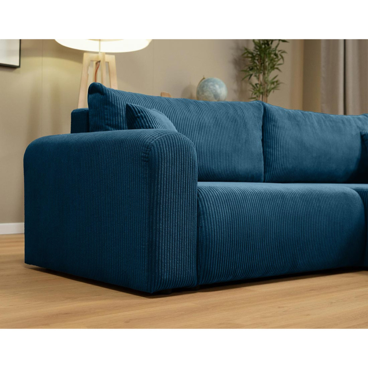 Naomi - Canapé d'angle réversible 4 places convertible avec coffre en velours côtelé - Bleu