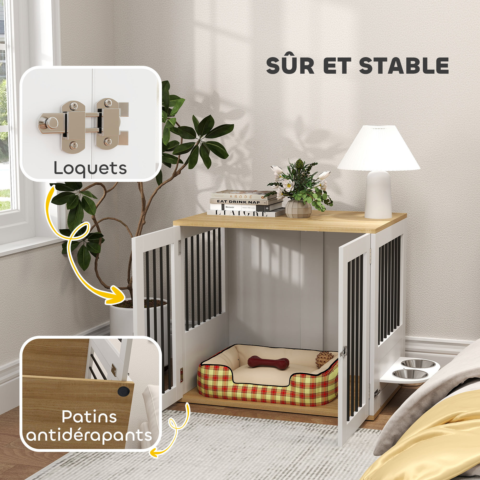 Cage pour chien en bois - 2 portes verrouillables, 2 gamelles rotatives  - 80 x 55 x 71 cm - blanc effet bois clair